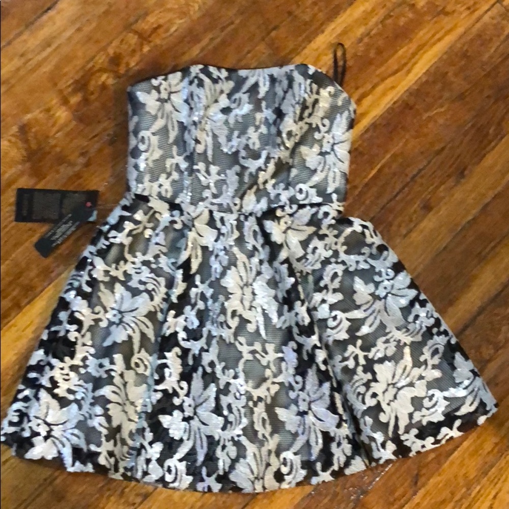 Bebe silver sequin and black midi strapless dress